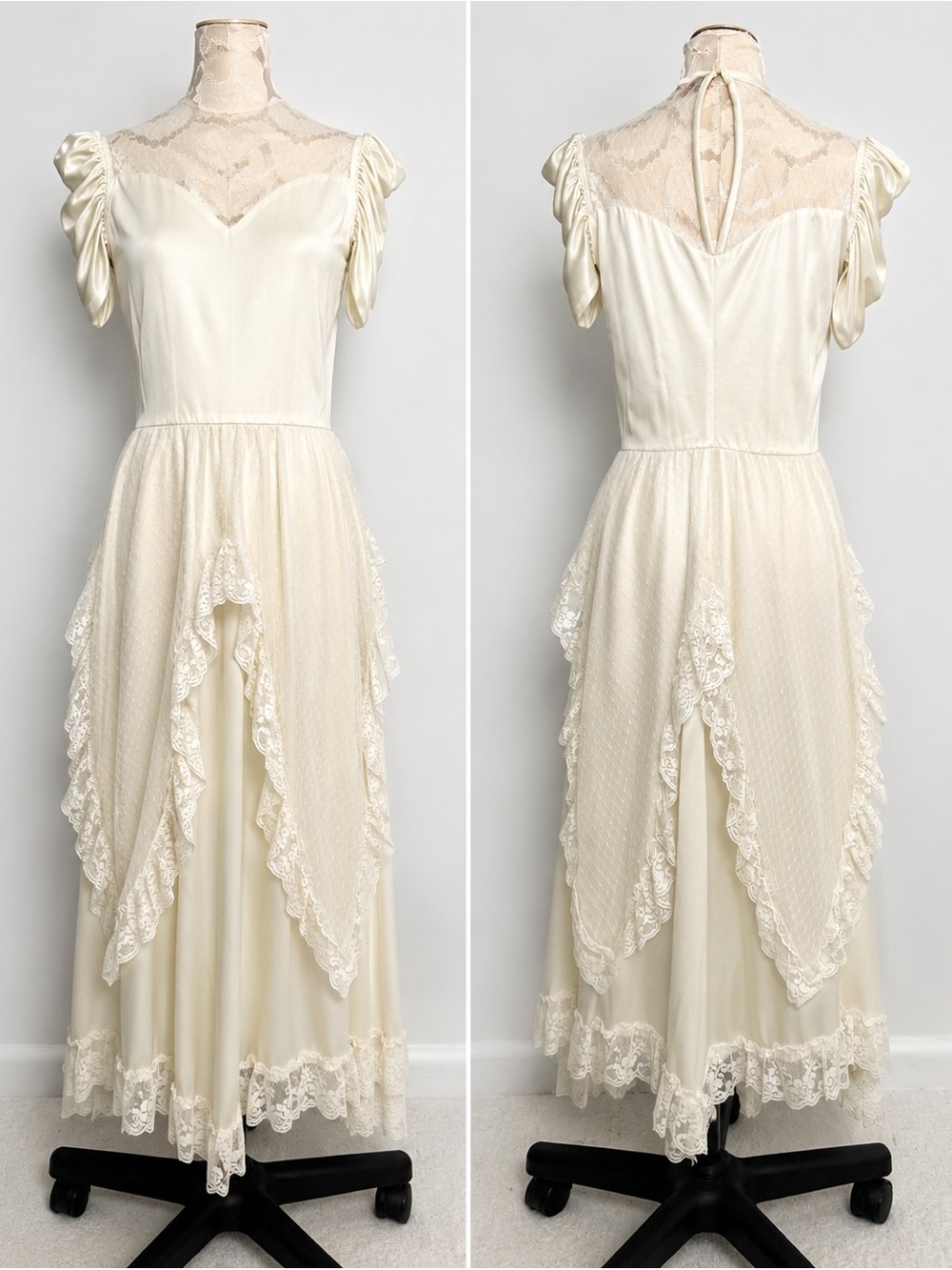 VTG Ivory Romantic Handkerchief Hem Dress Cottagecore Lace Formal S